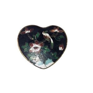 Vintage Chinese Asian Cloisonné Heart Trinket Jewelry Box Brass